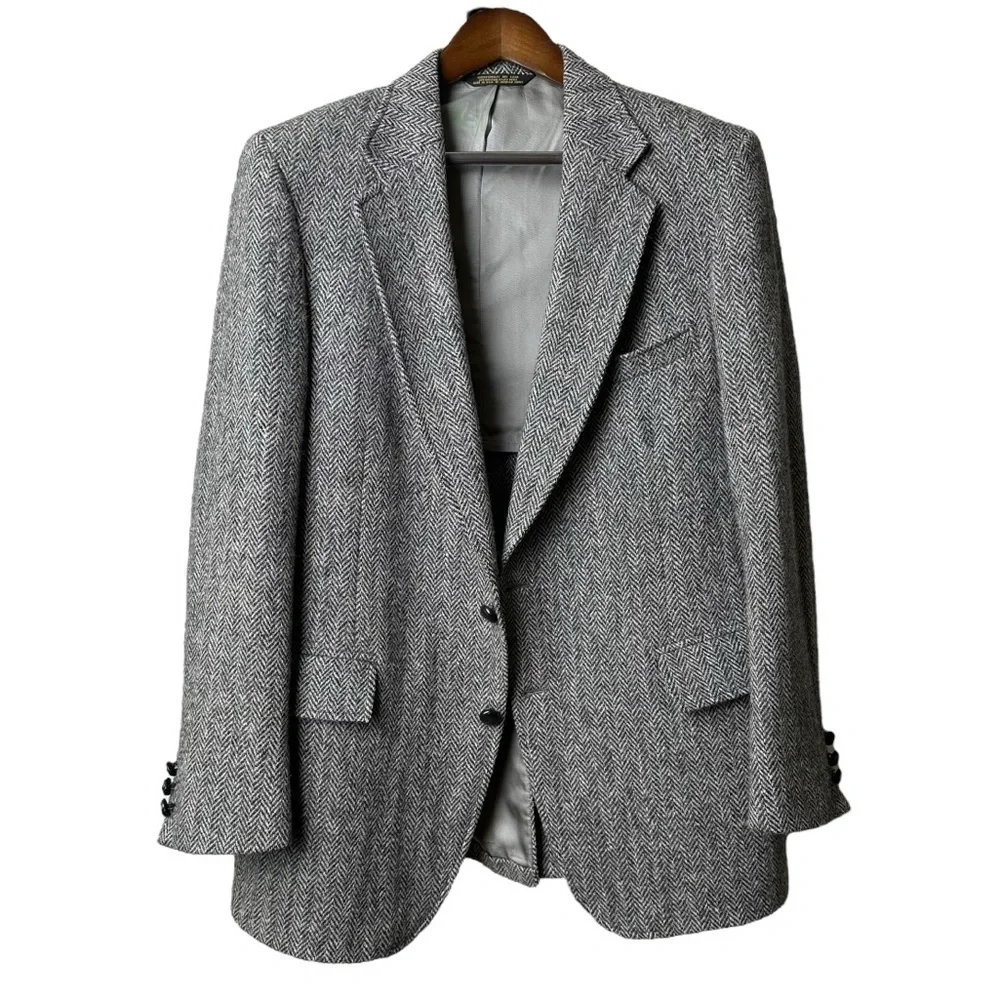 Vintage Adams Row Harris Tweed Size Large Herringbone Gray Wool Blazer